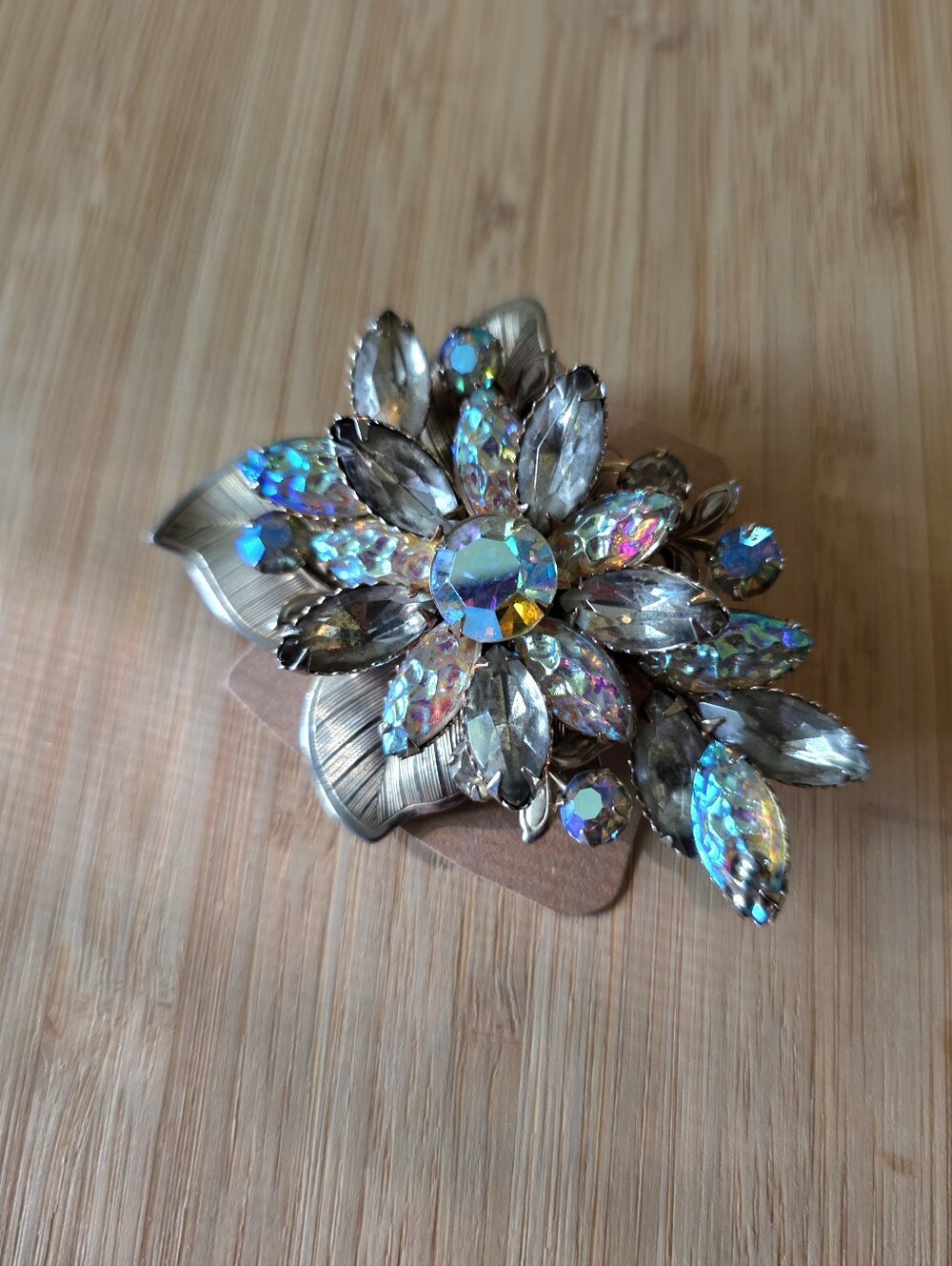 Vintage Judy Lee Aurora Borealis Rhinestone Floral Brooch Pin Silver Patina 1950